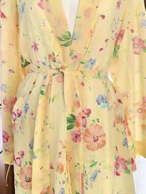 Vintage Victoria's Secret Short Kimono Robe OS Yellow Floral Chiffon